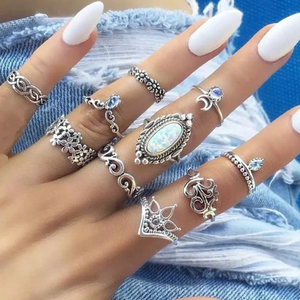 10 Piece Floral White Opal Midi Ring Set